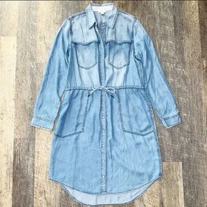 Sundance light wash blue chambray button front drawingstring shirt dress size S